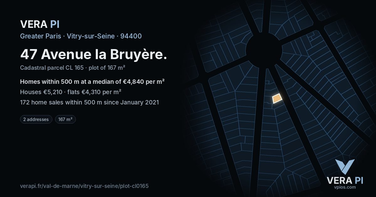 47 Avenue la Bruyère, Vitry-sur-Seine at night – the plot lit, the parcels around coloured by the prices near them