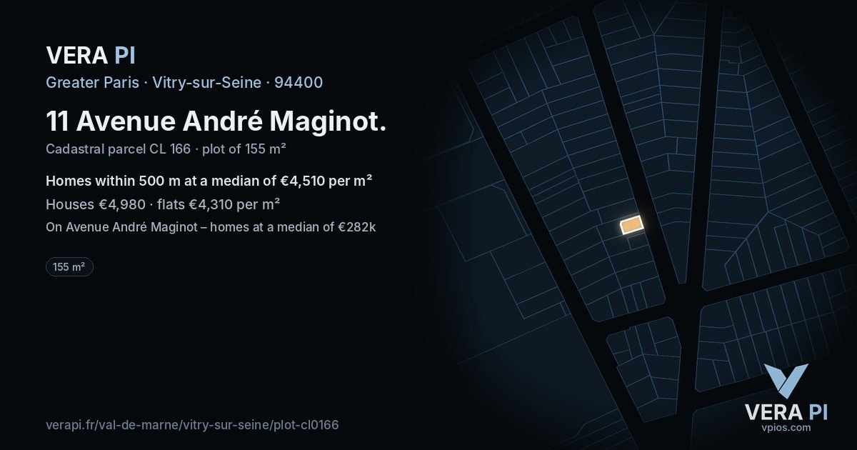 11 Avenue André Maginot, Vitry-sur-Seine at night – the plot lit, the parcels around coloured by the prices near them