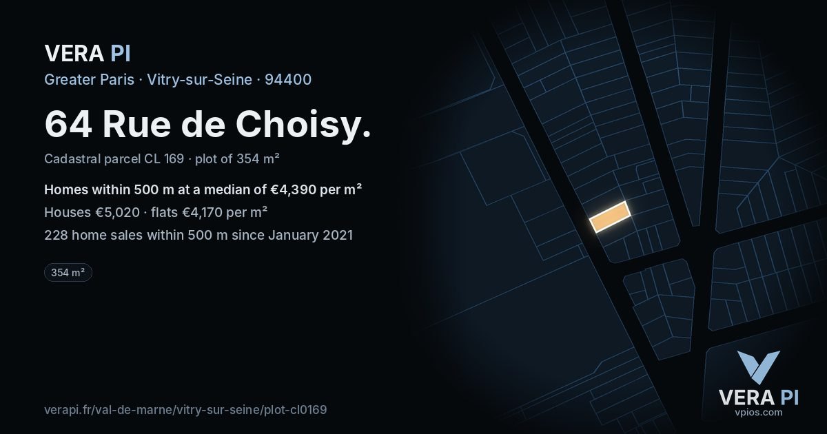 64 Rue de Choisy, Vitry-sur-Seine at night – the plot lit, the parcels around coloured by the prices near them
