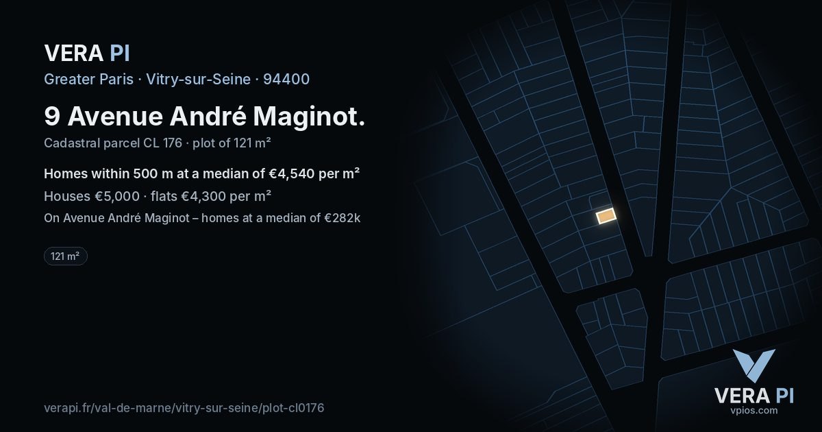 9 Avenue André Maginot, Vitry-sur-Seine at night – the plot lit, the parcels around coloured by the prices near them