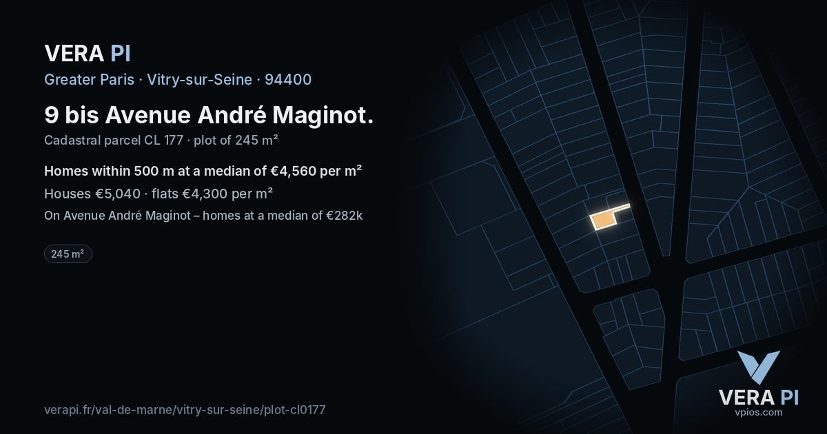 9 bis Avenue André Maginot, Vitry-sur-Seine at night – the plot lit, the parcels around coloured by the prices near them