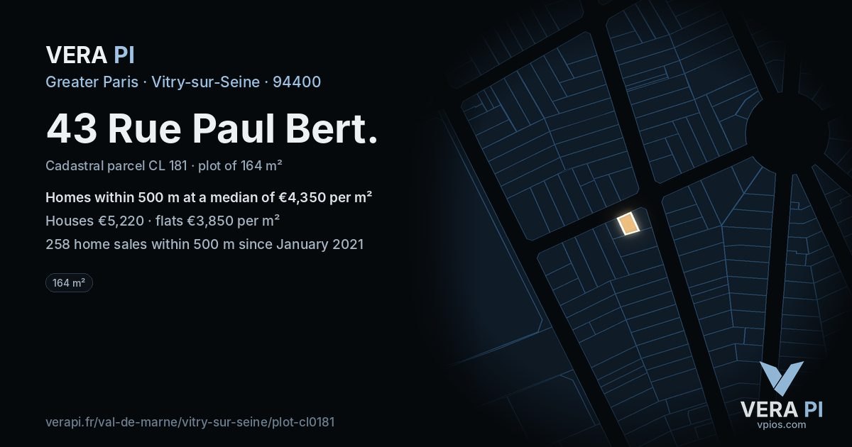 43 Rue Paul Bert, Vitry-sur-Seine at night – the plot lit, the parcels around coloured by the prices near them