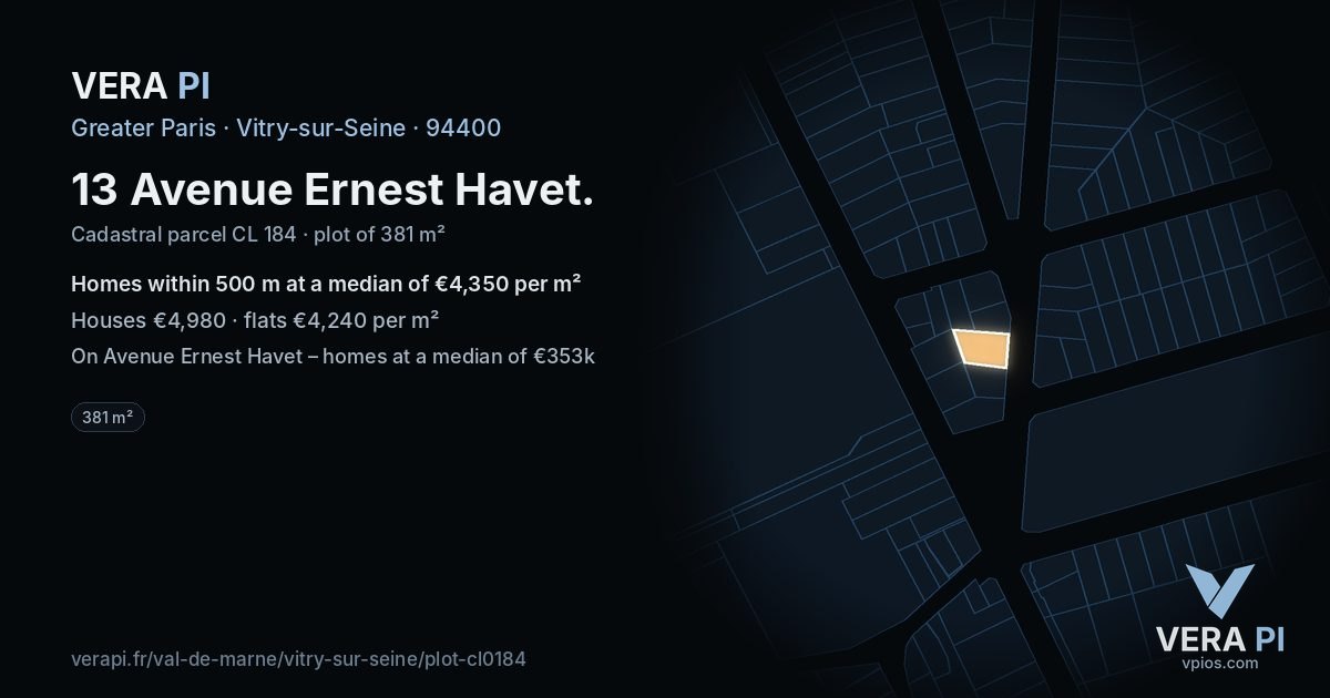 13 Avenue Ernest Havet, Vitry-sur-Seine at night – the plot lit, the parcels around coloured by the prices near them