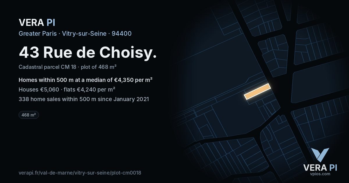 43 Rue de Choisy, Vitry-sur-Seine at night – the plot lit, the parcels around coloured by the prices near them