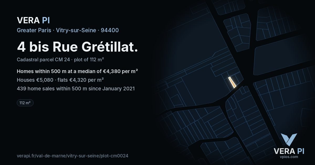 4 bis Rue Grétillat, Vitry-sur-Seine at night – the plot lit, the parcels around coloured by the prices near them