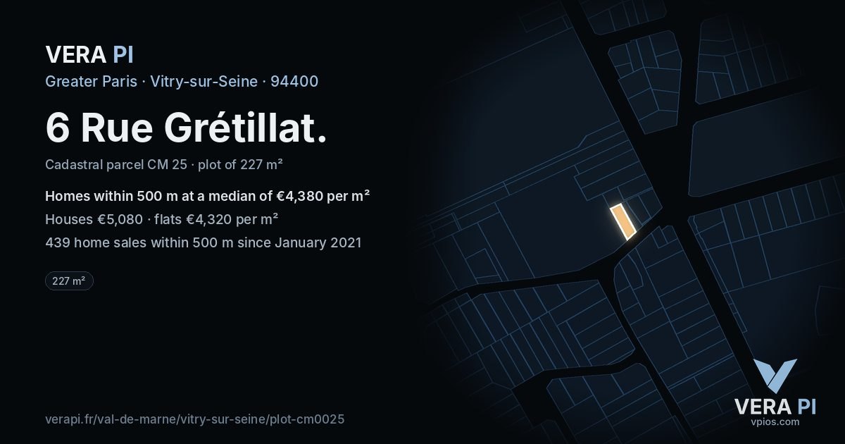 6 Rue Grétillat, Vitry-sur-Seine at night – the plot lit, the parcels around coloured by the prices near them