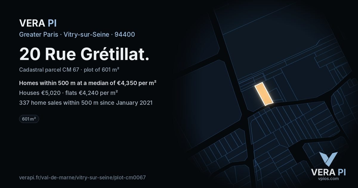 20 Rue Grétillat, Vitry-sur-Seine at night – the plot lit, the parcels around coloured by the prices near them