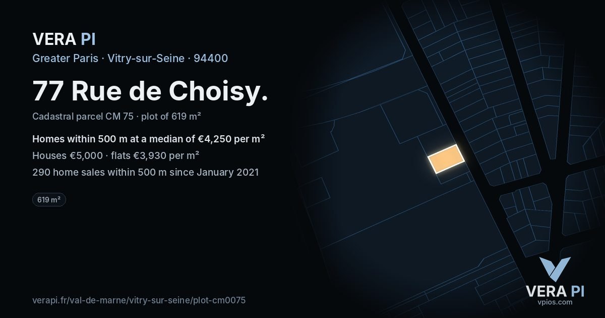 77 Rue de Choisy, Vitry-sur-Seine at night – the plot lit, the parcels around coloured by the prices near them