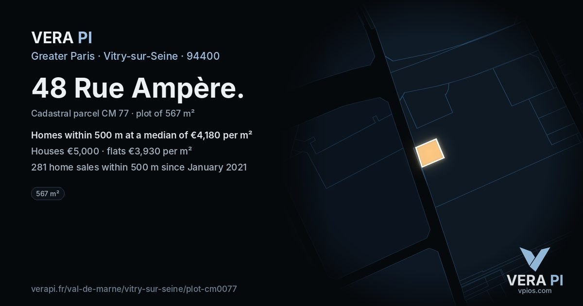 48 Rue Ampère, Vitry-sur-Seine at night – the plot lit, the parcels around coloured by the prices near them