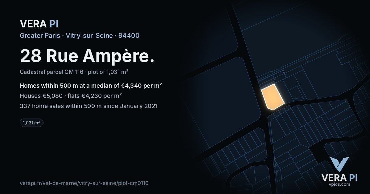 28 Rue Ampère, Vitry-sur-Seine at night – the plot lit, the parcels around coloured by the prices near them
