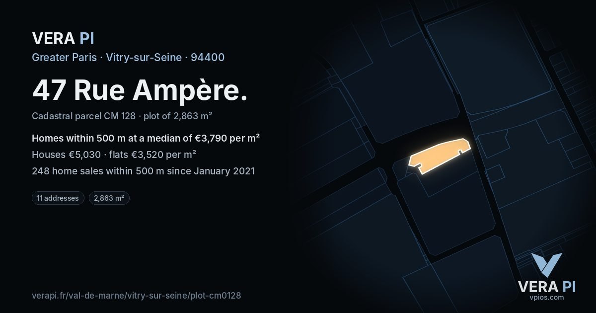 47 Rue Ampère, Vitry-sur-Seine at night – the plot lit, the parcels around coloured by the prices near them
