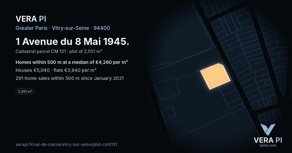 1 Avenue du 8 Mai 1945, Vitry-sur-Seine at night – the plot lit, the parcels around coloured by the prices near them