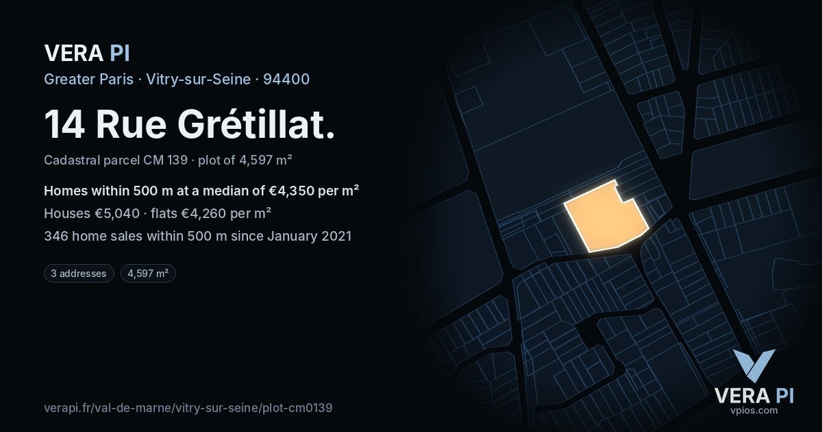 14 Rue Grétillat, Vitry-sur-Seine at night – the plot lit, the parcels around coloured by the prices near them