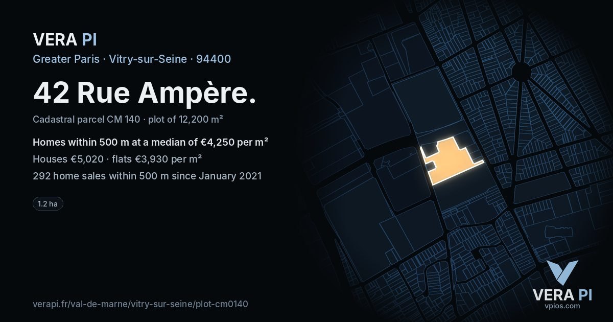 42 Rue Ampère, Vitry-sur-Seine at night – the plot lit, the parcels around coloured by the prices near them