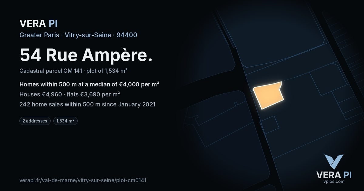 54 Rue Ampère, Vitry-sur-Seine at night – the plot lit, the parcels around coloured by the prices near them