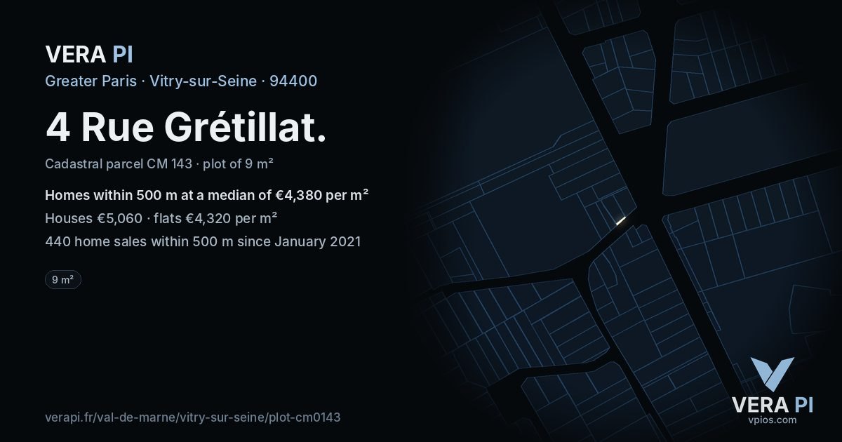 4 Rue Grétillat, Vitry-sur-Seine at night – the plot lit, the parcels around coloured by the prices near them