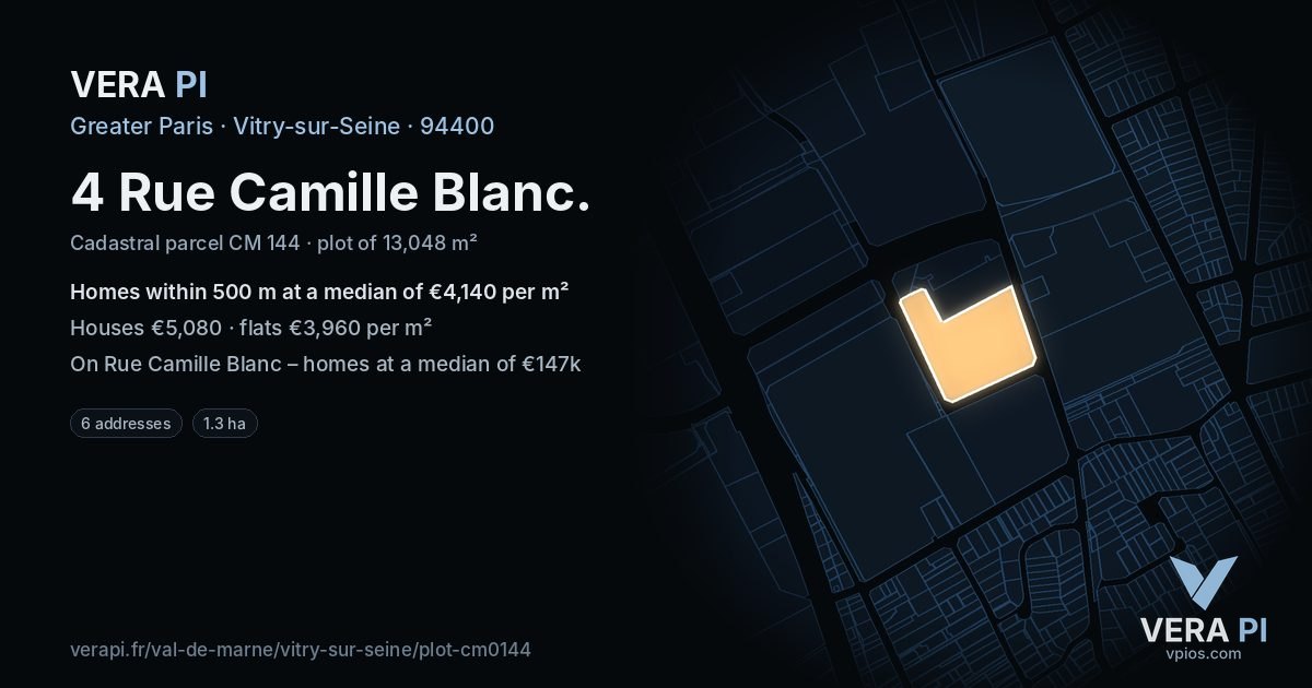 4 Rue Camille Blanc, Vitry-sur-Seine at night – the plot lit, the parcels around coloured by the prices near them