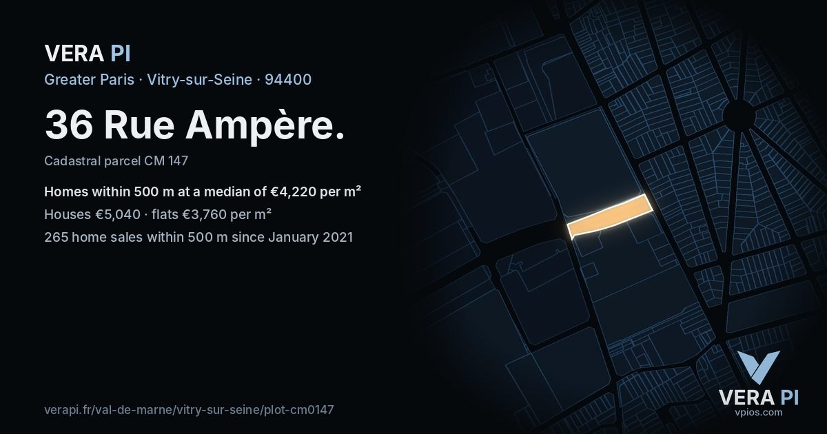 36 Rue Ampère, Vitry-sur-Seine at night – the plot lit, the parcels around coloured by the prices near them