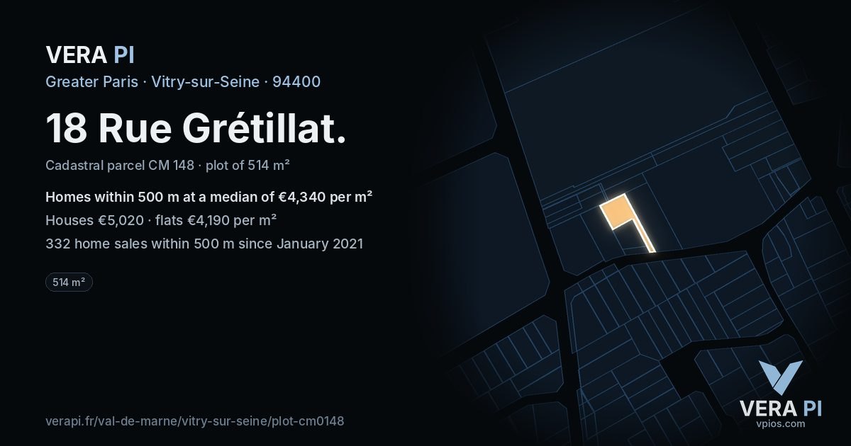 18 Rue Grétillat, Vitry-sur-Seine at night – the plot lit, the parcels around coloured by the prices near them