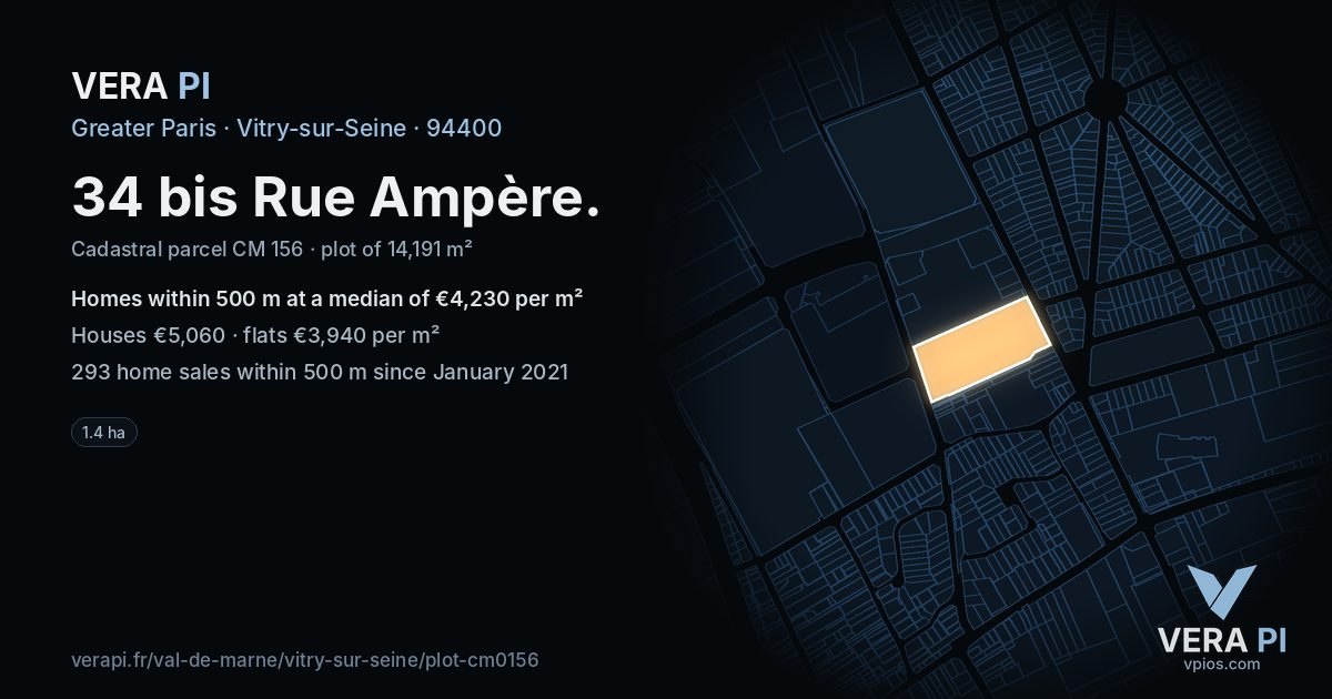 34 bis Rue Ampère, Vitry-sur-Seine at night – the plot lit, the parcels around coloured by the prices near them