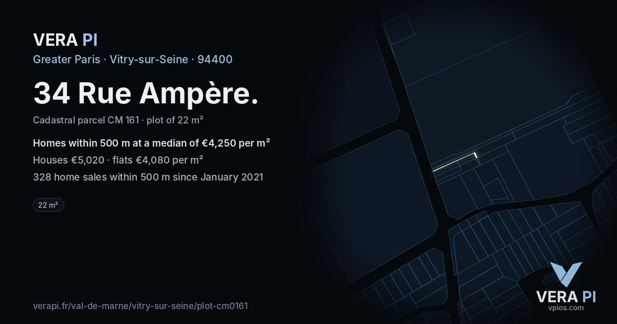 34 Rue Ampère, Vitry-sur-Seine at night – the plot lit, the parcels around coloured by the prices near them