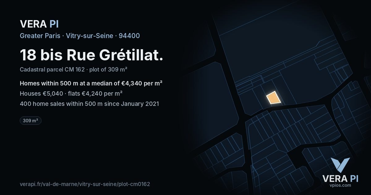 18 bis Rue Grétillat, Vitry-sur-Seine at night – the plot lit, the parcels around coloured by the prices near them