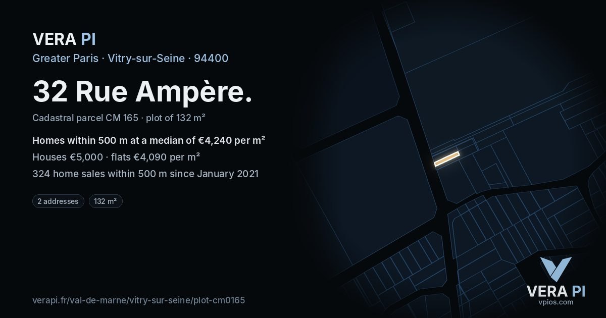 32 Rue Ampère, Vitry-sur-Seine at night – the plot lit, the parcels around coloured by the prices near them