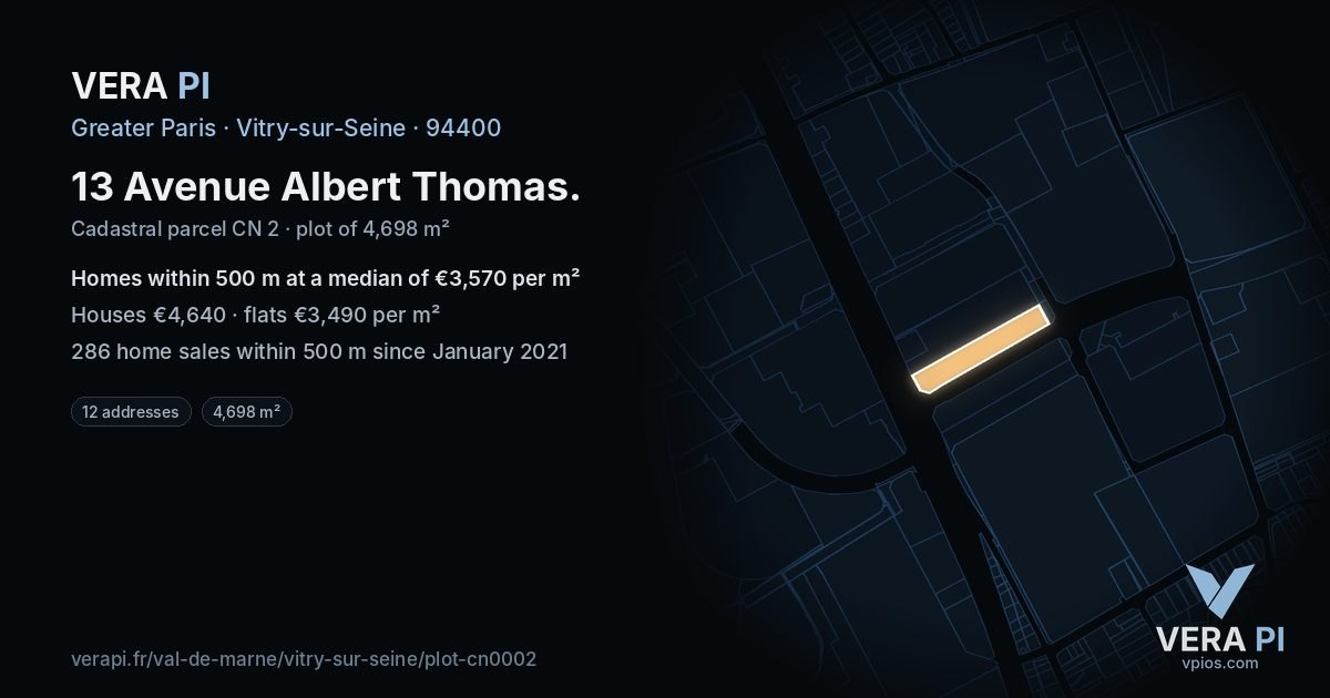 13 Avenue Albert Thomas, Vitry-sur-Seine at night – the plot lit, the parcels around coloured by the prices near them