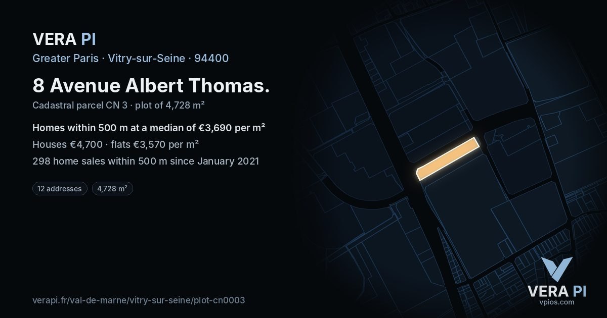8 Avenue Albert Thomas, Vitry-sur-Seine at night – the plot lit, the parcels around coloured by the prices near them