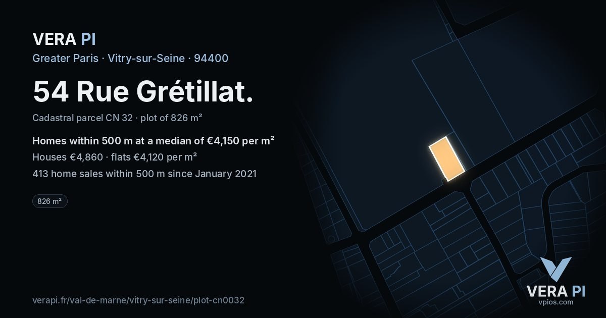 54 Rue Grétillat, Vitry-sur-Seine at night – the plot lit, the parcels around coloured by the prices near them