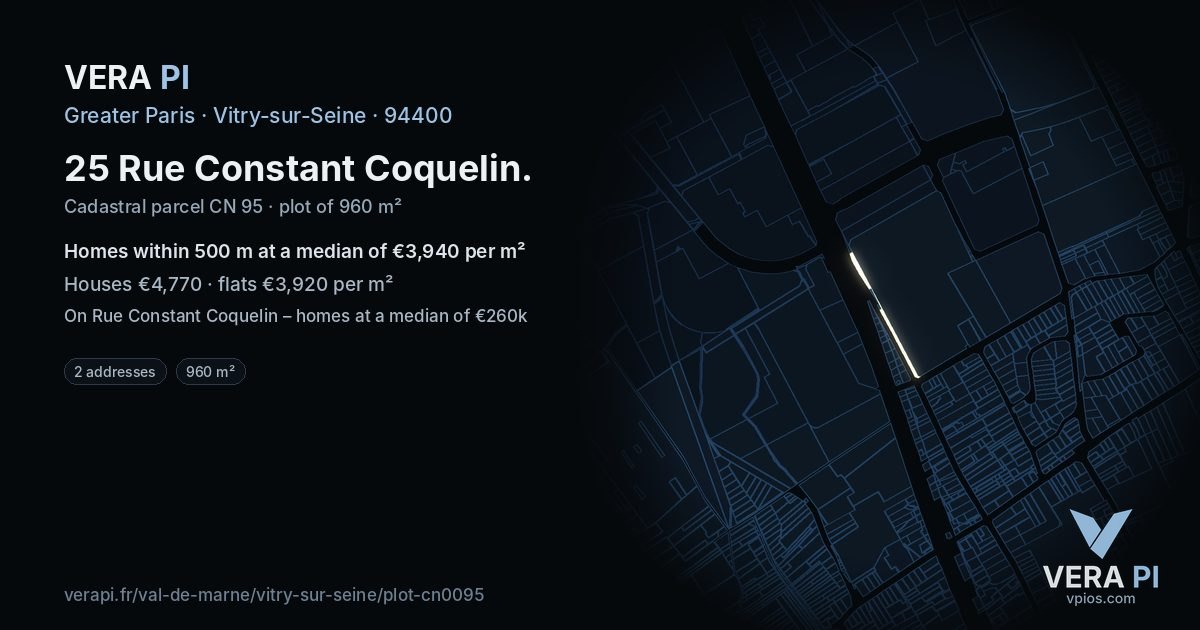 25 Rue Constant Coquelin, Vitry-sur-Seine at night – the plot lit, the parcels around coloured by the prices near them