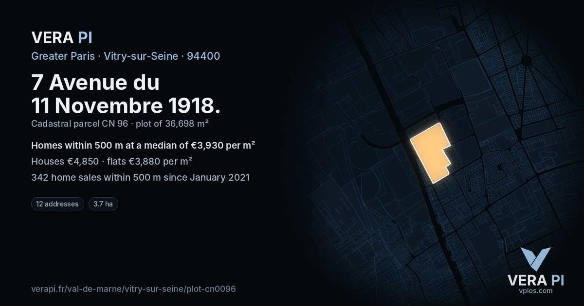 7 Avenue du 11 Novembre 1918, Vitry-sur-Seine at night – the plot lit, the parcels around coloured by the prices near them
