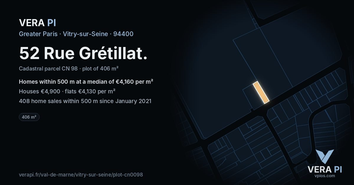 52 Rue Grétillat, Vitry-sur-Seine at night – the plot lit, the parcels around coloured by the prices near them