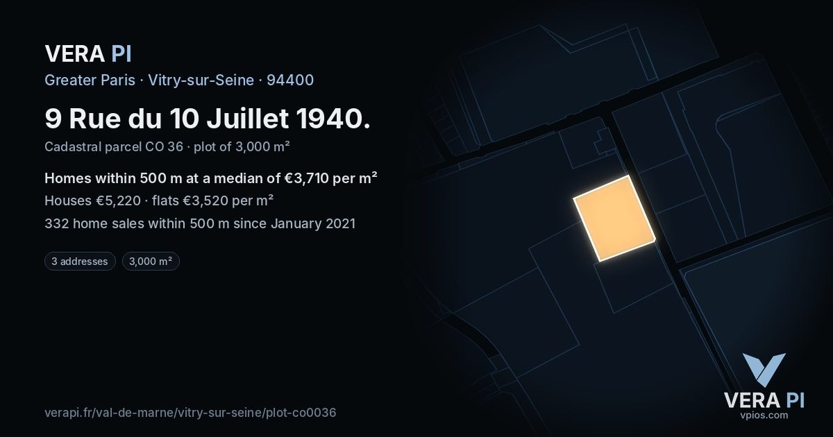 9 Rue du 10 Juillet 1940, Vitry-sur-Seine at night – the plot lit, the parcels around coloured by the prices near them