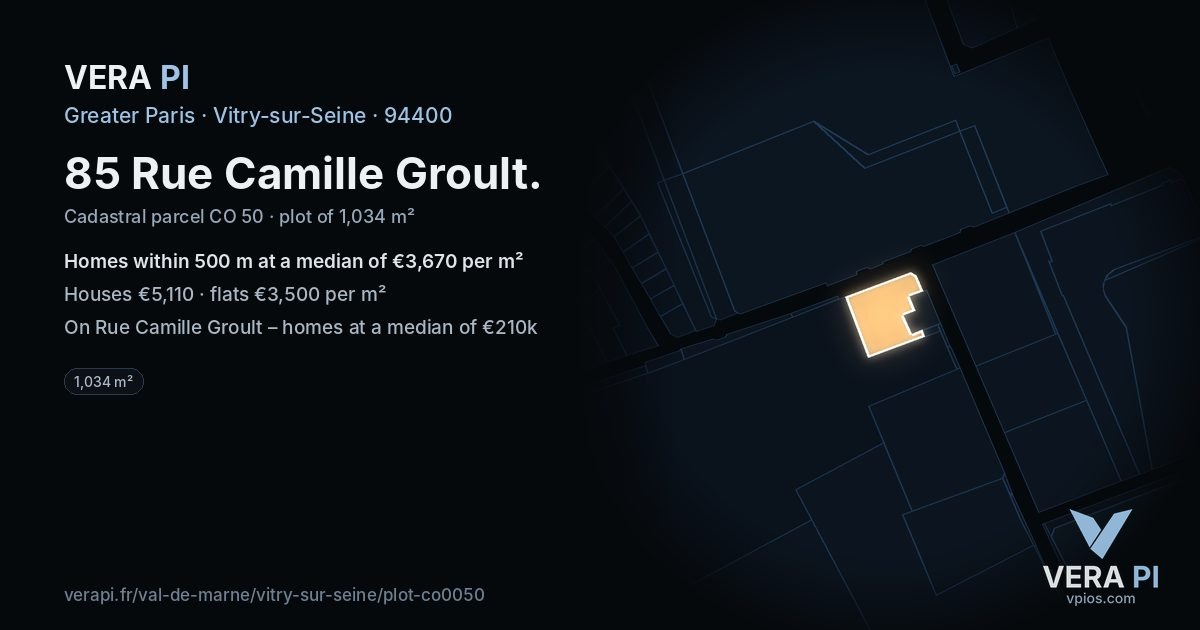85 Rue Camille Groult, Vitry-sur-Seine at night – the plot lit, the parcels around coloured by the prices near them
