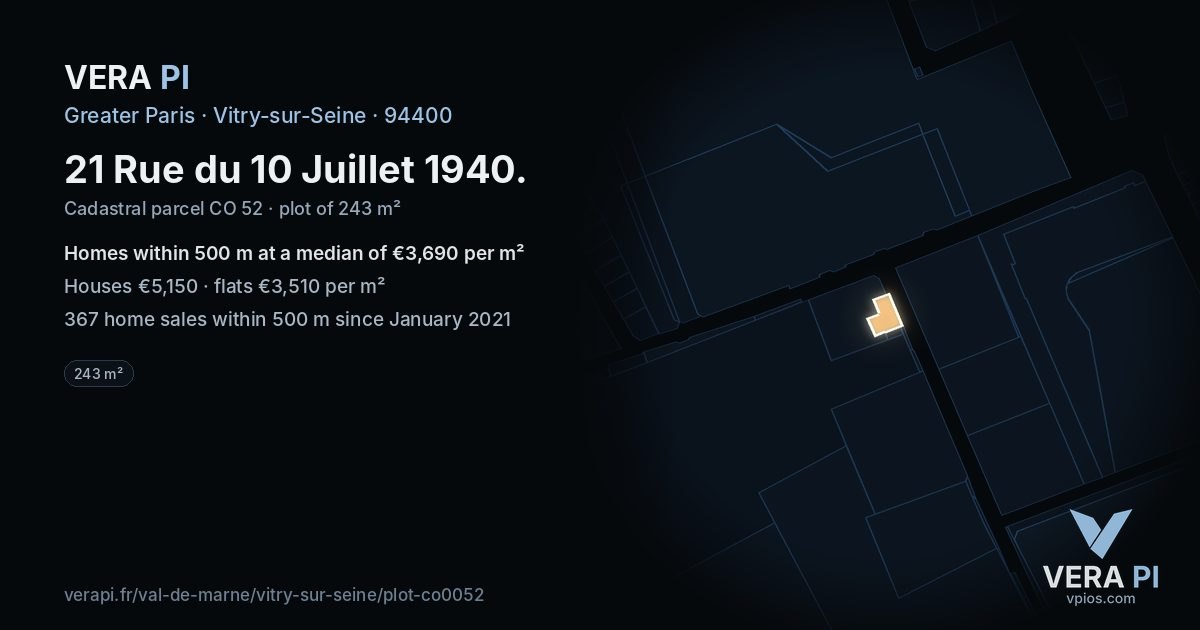 21 Rue du 10 Juillet 1940, Vitry-sur-Seine at night – the plot lit, the parcels around coloured by the prices near them