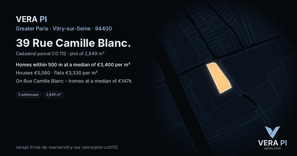 39 Rue Camille Blanc, Vitry-sur-Seine at night – the plot lit, the parcels around coloured by the prices near them