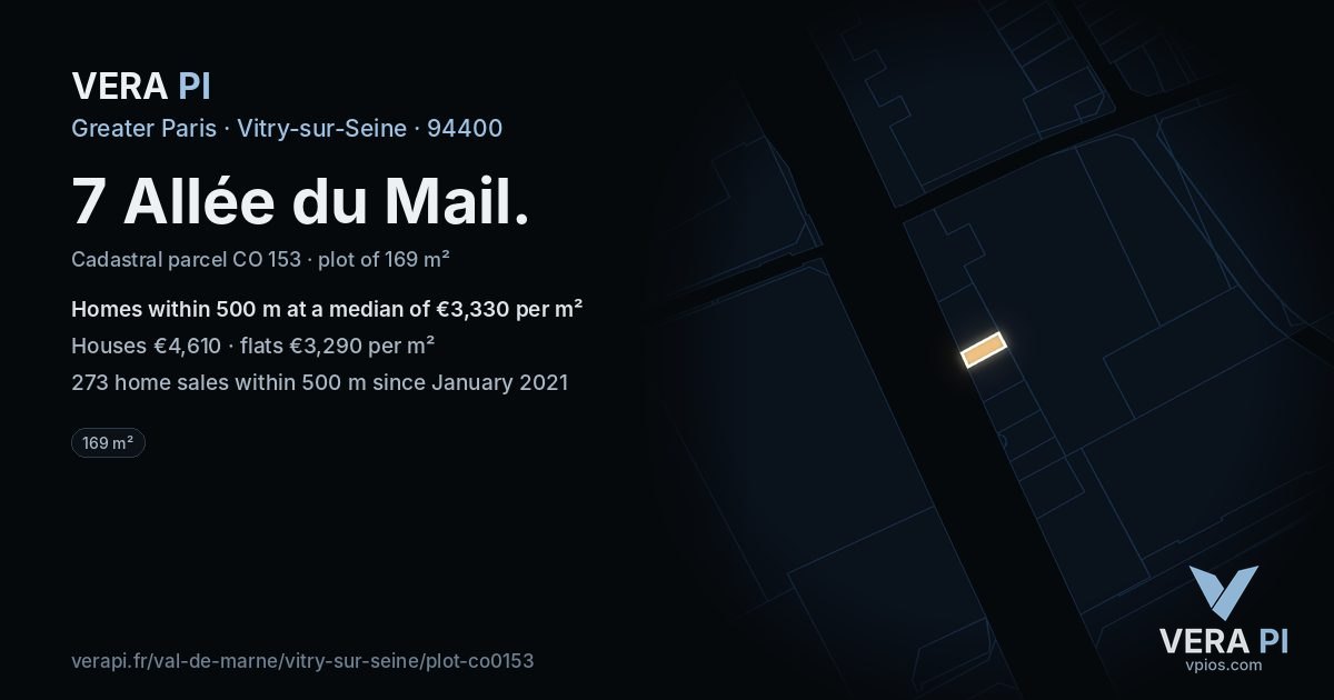 7 Allée du Mail, Vitry-sur-Seine at night – the plot lit, the parcels around coloured by the prices near them