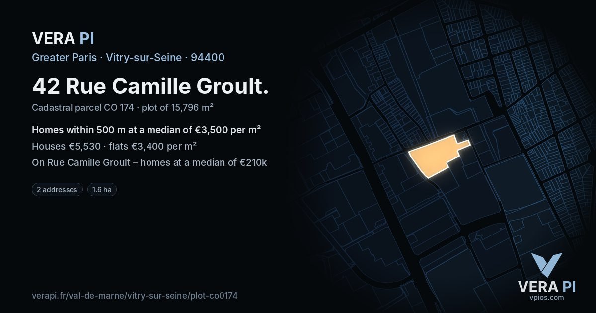 42 Rue Camille Groult, Vitry-sur-Seine at night – the plot lit, the parcels around coloured by the prices near them