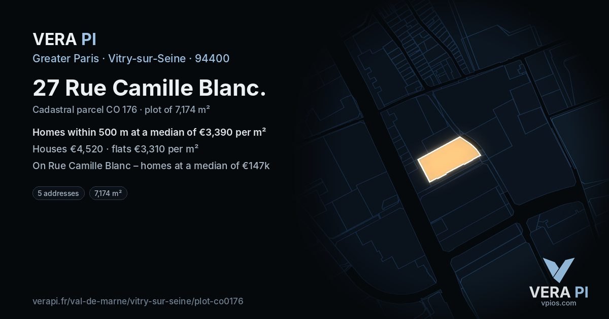 27 Rue Camille Blanc, Vitry-sur-Seine at night – the plot lit, the parcels around coloured by the prices near them