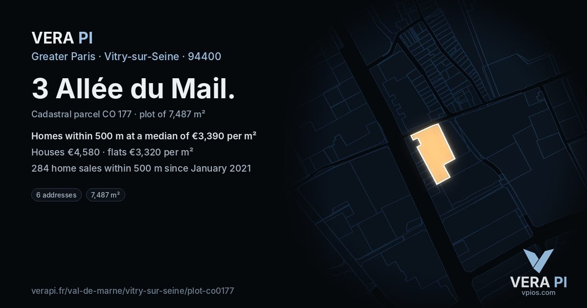 3 Allée du Mail, Vitry-sur-Seine at night – the plot lit, the parcels around coloured by the prices near them