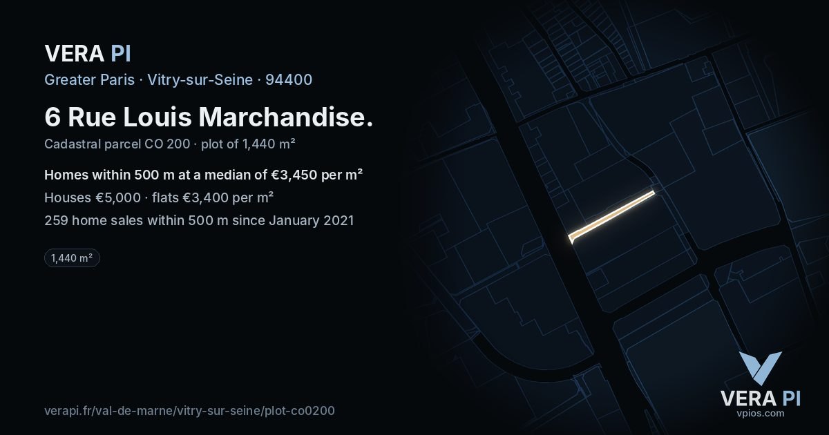 6 Rue Louis Marchandise, Vitry-sur-Seine at night – the plot lit, the parcels around coloured by the prices near them