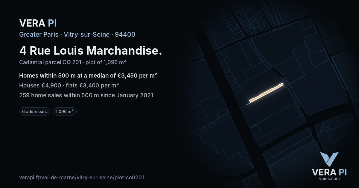 4 Rue Louis Marchandise, Vitry-sur-Seine at night – the plot lit, the parcels around coloured by the prices near them