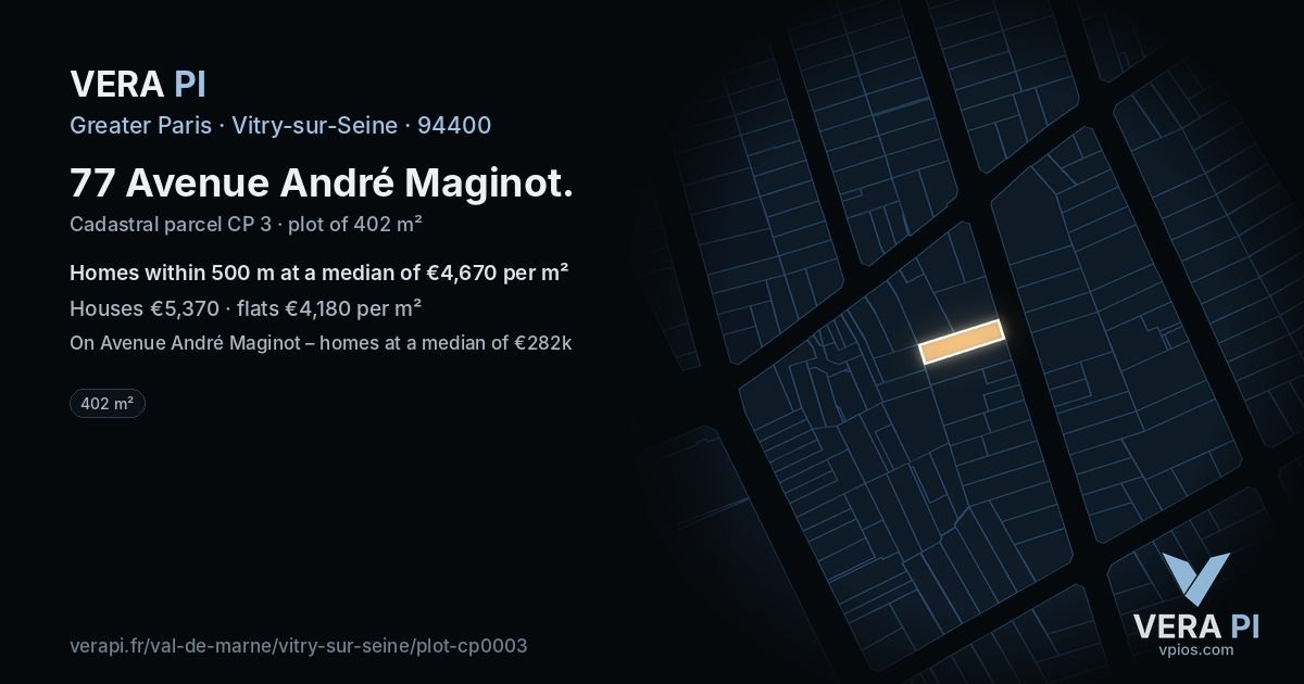 77 Avenue André Maginot, Vitry-sur-Seine at night – the plot lit, the parcels around coloured by the prices near them
