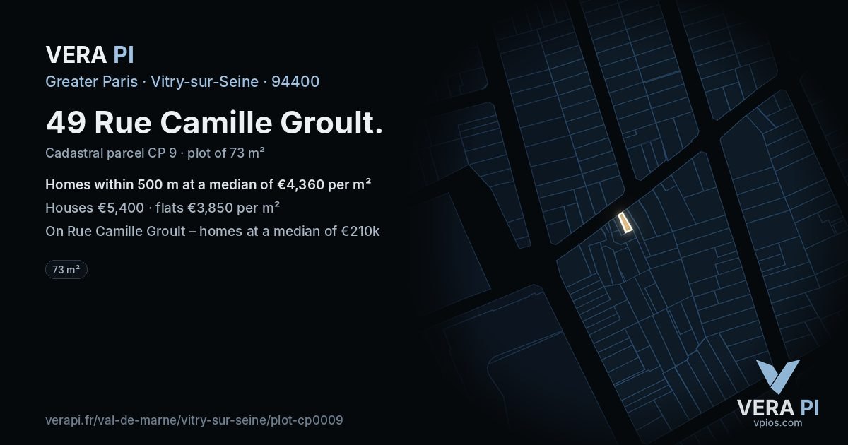 49 Rue Camille Groult, Vitry-sur-Seine at night – the plot lit, the parcels around coloured by the prices near them