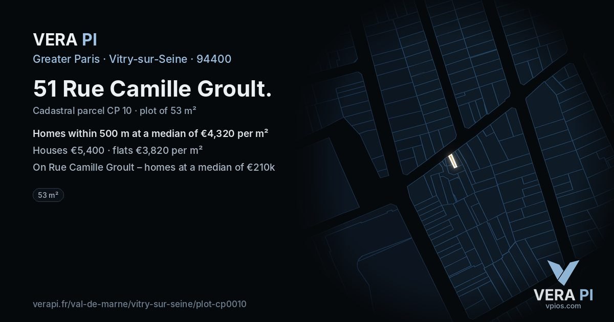 51 Rue Camille Groult, Vitry-sur-Seine at night – the plot lit, the parcels around coloured by the prices near them