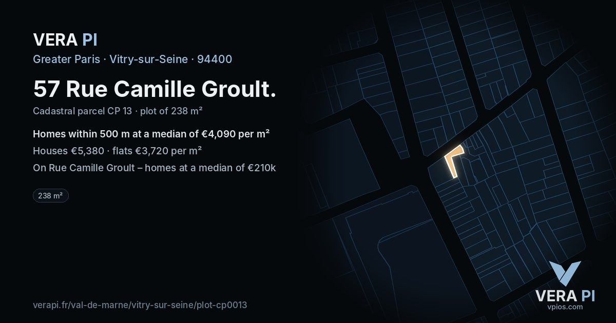 57 Rue Camille Groult, Vitry-sur-Seine at night – the plot lit, the parcels around coloured by the prices near them