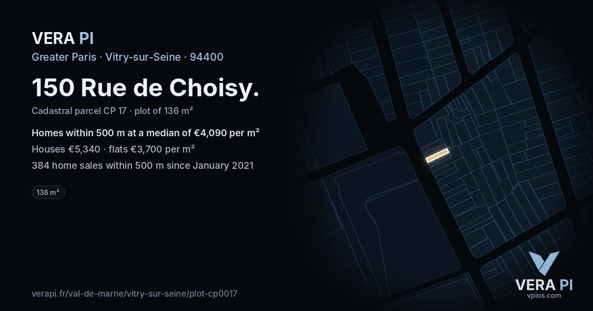 150 Rue de Choisy, Vitry-sur-Seine at night – the plot lit, the parcels around coloured by the prices near them