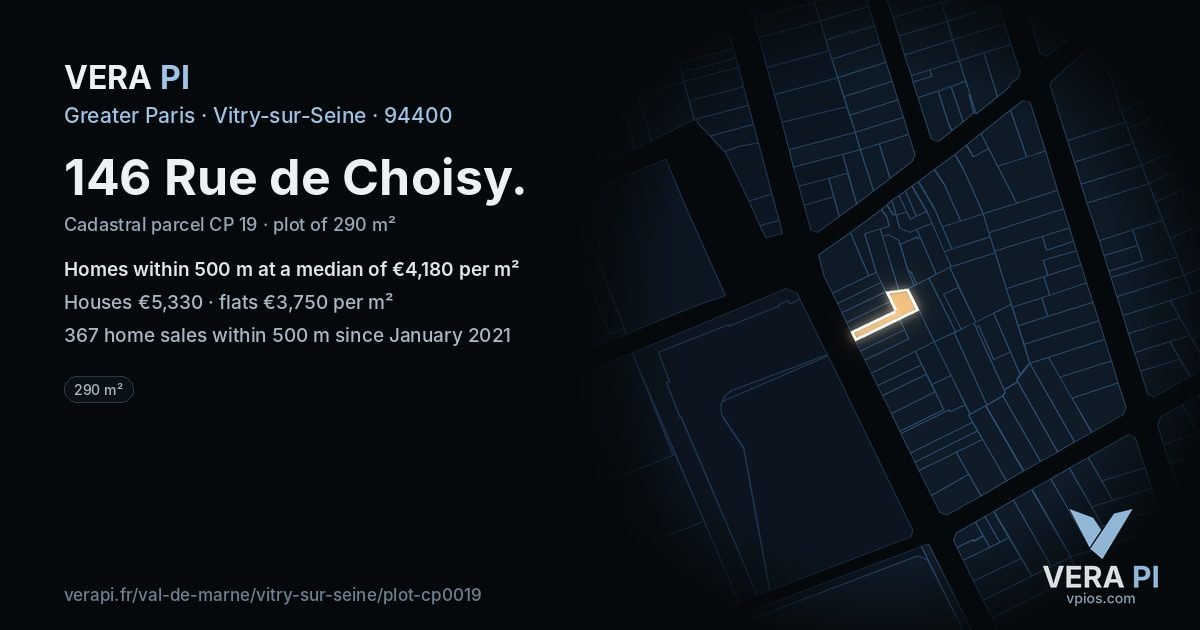 146 Rue de Choisy, Vitry-sur-Seine at night – the plot lit, the parcels around coloured by the prices near them