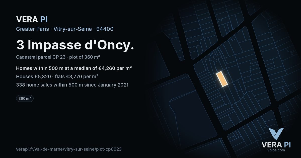 3 Impasse d'Oncy, Vitry-sur-Seine at night – the plot lit, the parcels around coloured by the prices near them